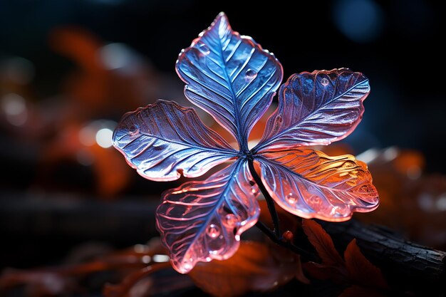 Neonlicht schijnt door een blad.