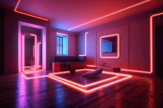 Neonlichtbuizen verlichten een minimalistische d-kamer gemaakt met generatieve ai