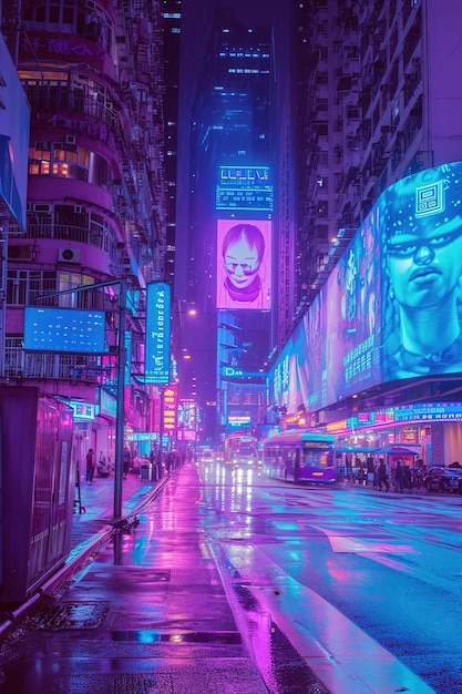 Neonlichten en holografische advertenties in een stadsomgeving