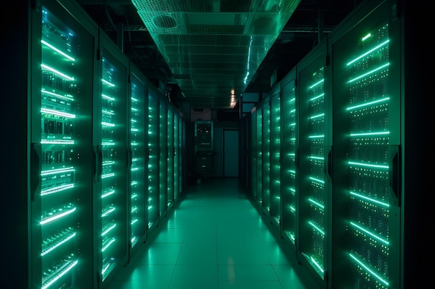 Neonlichten Platform voor het hosten van servers hedendaagse internetinhoud Rackbehuizing servergegevensopslaghardware Verbonden door veel netwerkkabels Generatieve AI