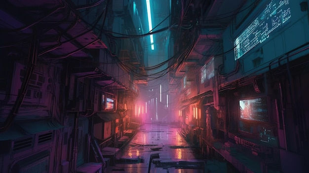 A neonlit alley in a night city Fantasy concept Illustration painting Generative AI