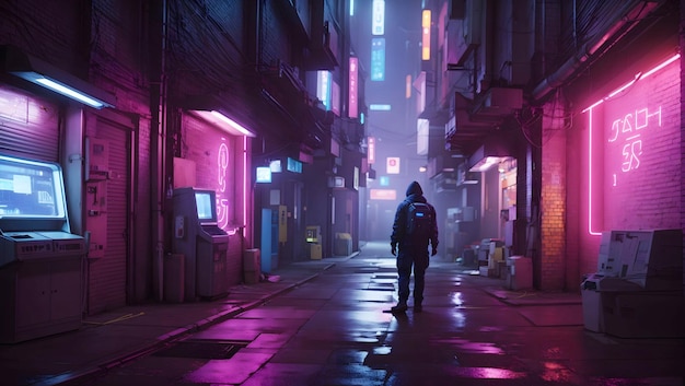 A neonlit alleyway where shadowy figures exchange confidential data