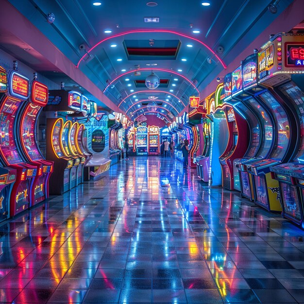 Neonlit arcade with games and players in a blur of fun