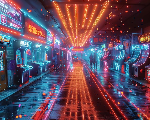 Neonlit arcade with games and players in a blur of fun