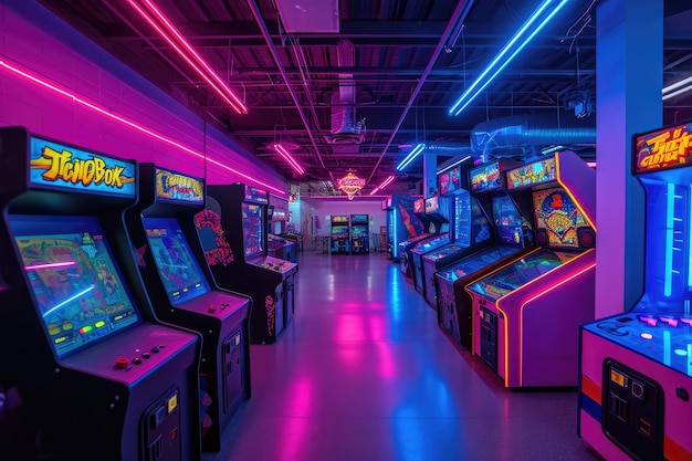 Neonlit arcade with retro gaming vibes Retro gaminginspired arcade aglow with vibrant neon lights