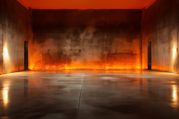 NeonLit beton helder oranje in leeg interieur