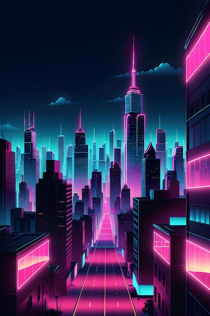 A neonlit cityscape with a 90s skyline