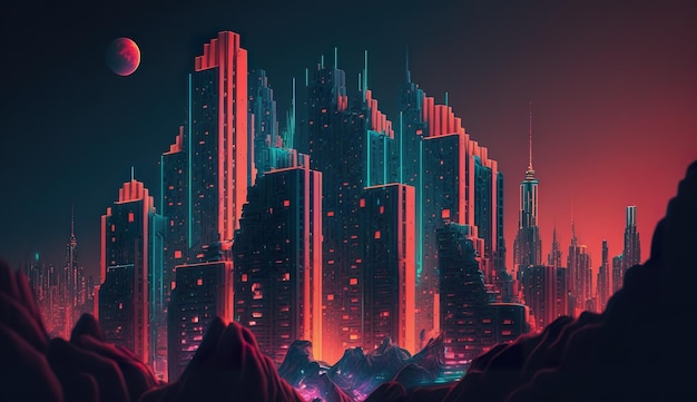Неоновый городской пейзаж с высокими зданиями, созданными искусственным интеллектом