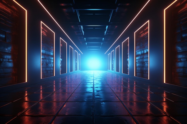 Neonlit corridor offers endless flight leading to a brilliant square of light