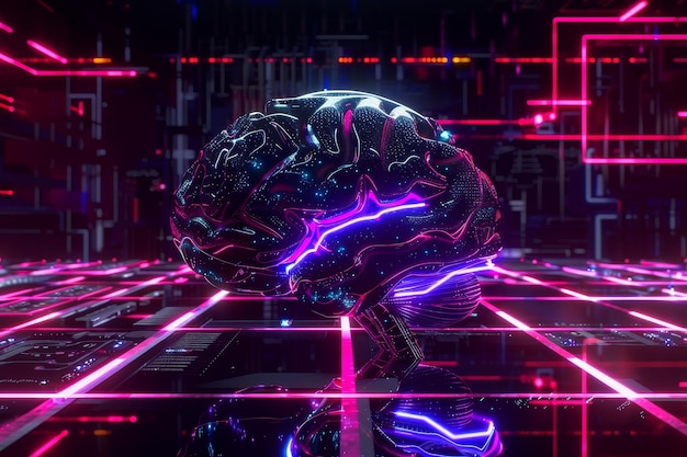 Neonlit cyber brain 3D render with vibrant tech lines