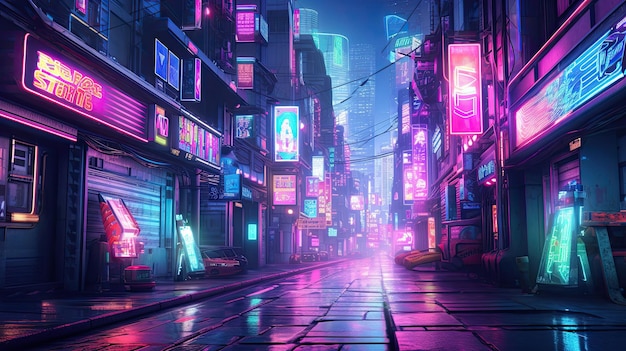 Neonlit cyberpunk alley with holographic billboards
