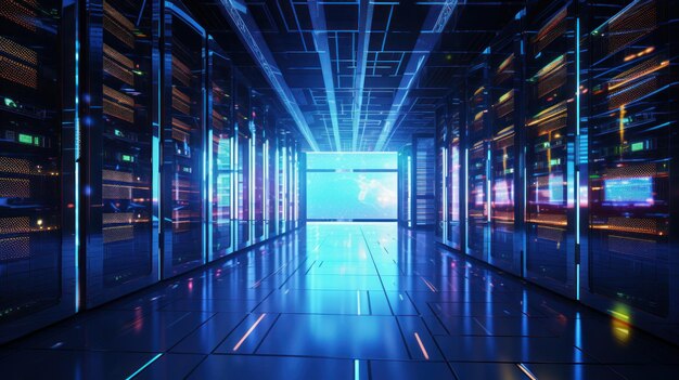 NeonLit Data Center Modern Server Racks Powering Technology Generative Ai