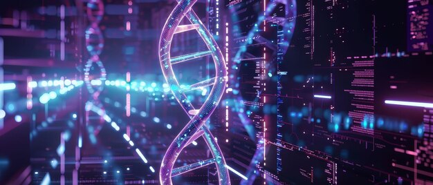 Neonlit DNA helix futuristic biotech concept merging technology with human genetics ar 169