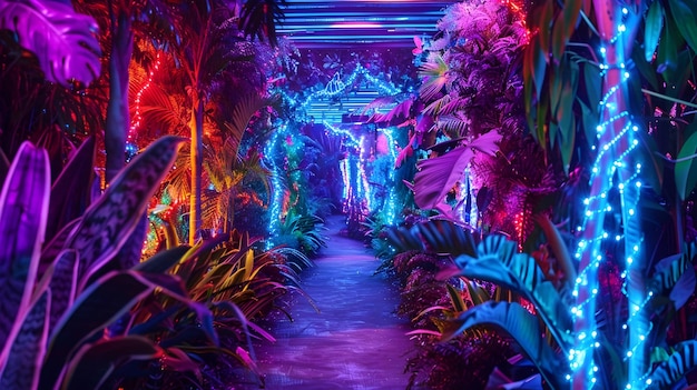 写真 ネオンライトの魔法のジャングル・パス エキゾチックな照明のフレームと葉っぱ