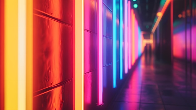 Foto corridore illuminato al neon con un lungo muro