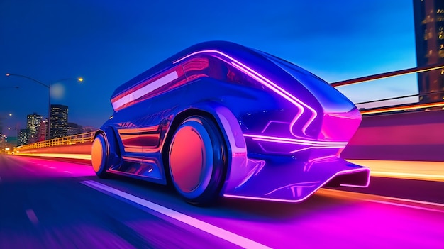 A neonlit highway at dusk sets the stage for this futuristic electric cargo transport cruising at high speed through a cityscape of blue and purple hues