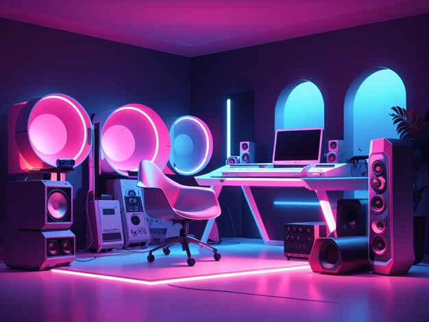 A neonlit home studio with modern synth equipment