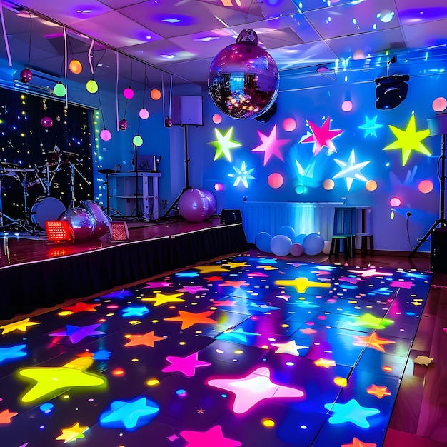 Foto festa discoteca per bambini all'interno illuminata al neon con bastoncini luminosi di palla discoteca e ritmi funky sulla pista da ballo