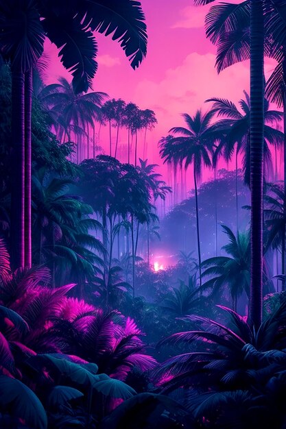 A neonlit jungle paradise with towering trees and vibrant flora all bathed in the pulsing glow