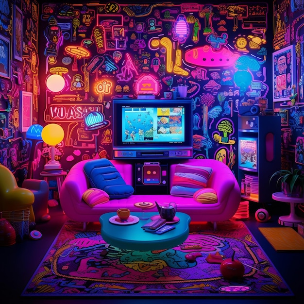 Photo neonlit living room from the '90s with vibrant wallpaper and iconic items