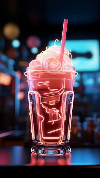 Neonlit milkshake emblem a beacon of cool refreshment in bustling urban scenes Vertical Mobile Wa