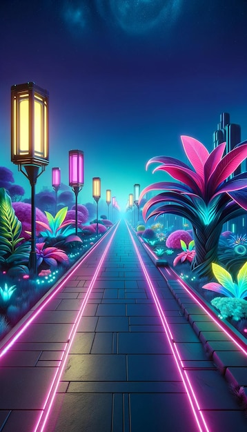 Foto un sentiero illuminato al neon in un giardino cosmico surreale