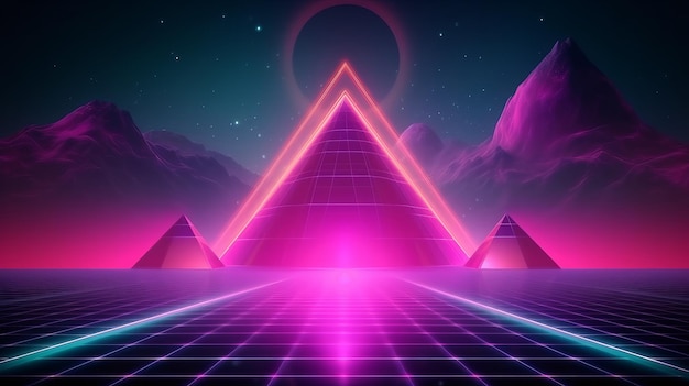 A neonlit pyramid structure glowing in the night