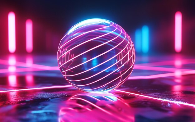 Neonlit sphere on a glossy floor