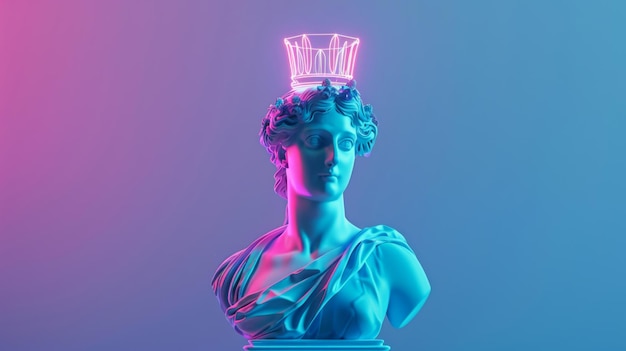 Photo neonlit statue of a classical bust with a crown
