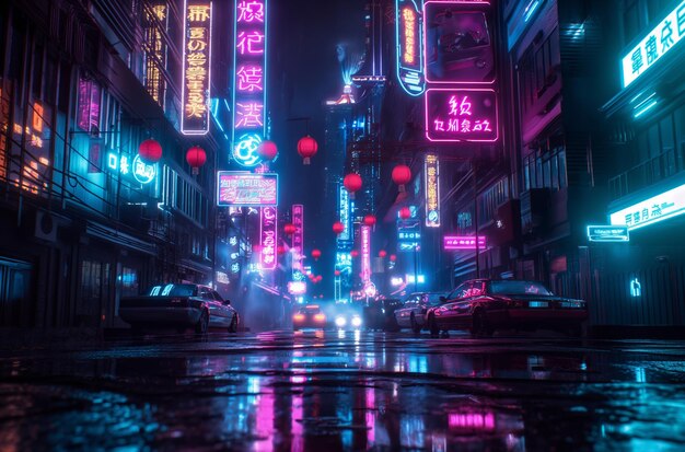 Neonlit street with red lanterns