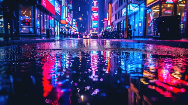 Photo neonlit street with reflections on wet pavement glowing neonlit street with reflections shimmering on wet pavement