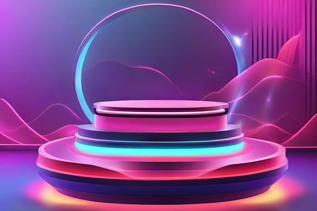 Neonlits with gradient rings and laser waves geometric background concept for circle podium