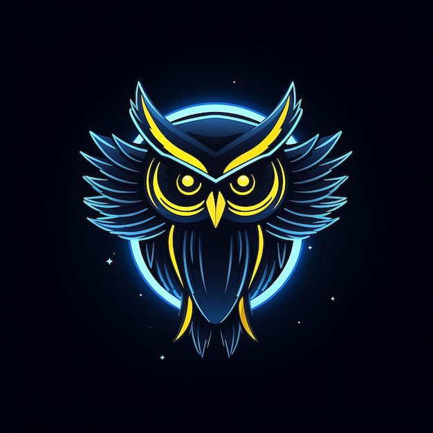 Neonontwerp van Uil-logo met maan en sterren Midnight Blue en Glowing Yello Clipart Idea Tattoo