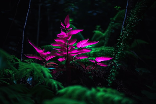 Foto neonplant groeit in het bos met natuurlijke bomen en groen gemaakt met generatieve ai