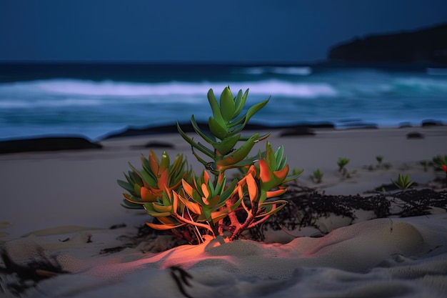 Neonplant groeit op zandstrand met rollende golven op de achtergrond gemaakt met generatieve ai