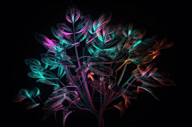 Neonplant op zwarte achtergrond met uniek en opvallend ontwerp gemaakt met generatieve ai