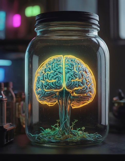 neonpunk style a human brain growing in a jar