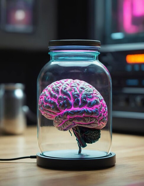 neonpunk style a human brain growing in a jar