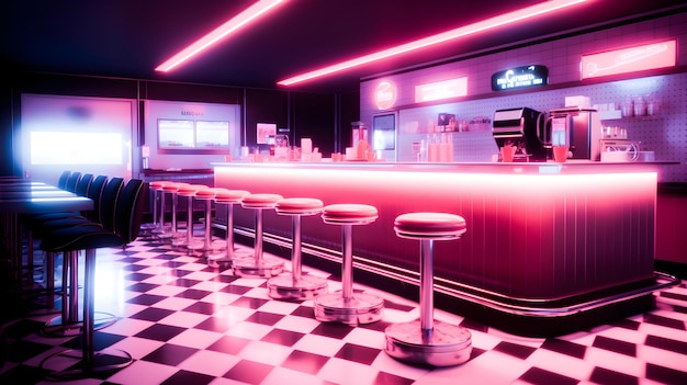 Neonroze retro dinerinterieur met barkrukken en dambordvloer