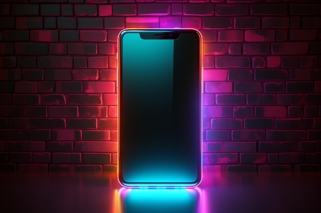 Neonstyle mobile phone emblem pops on brick wall reflecting digital vibrancy everywhere