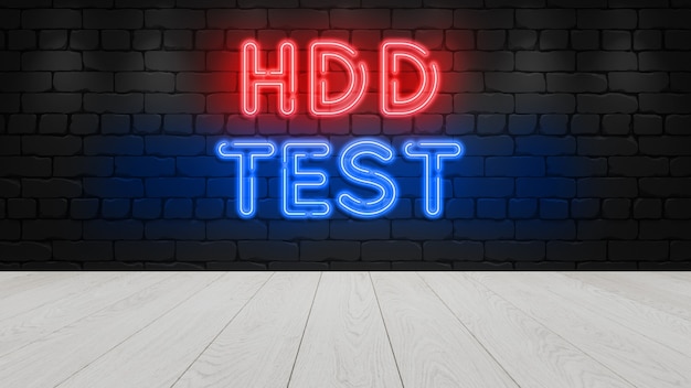 Neonteken op bakstenen muur, hdd-test