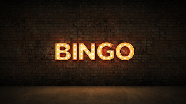 Neonteken op Bakstenen muurachtergrond Bingo 3D-rendering