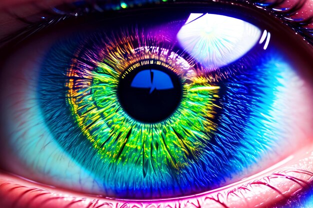 Неонтинированное глазное радужное разноцветное освещение крупного плана человеческого глаза