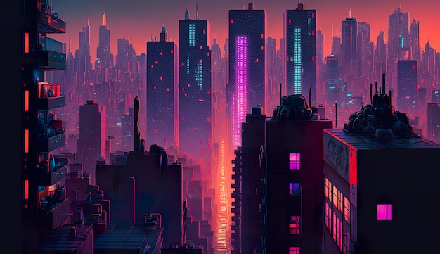 Neonverlicht stadsbeeld met torenhoge gebouwen ai genereren