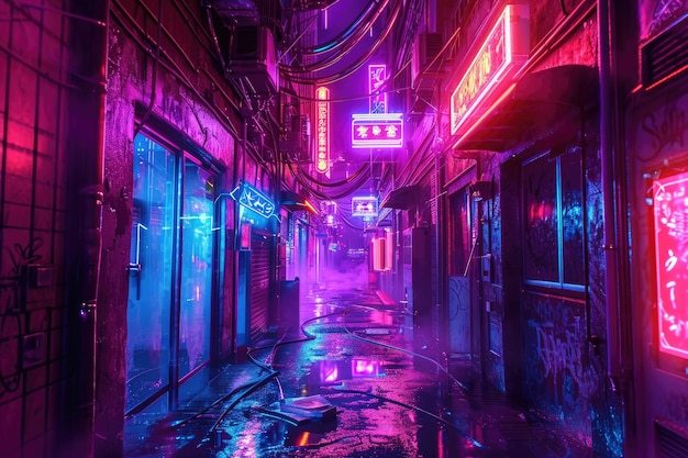 Neonverlichte cyberpunk steeg met futuristische elementen Futuristische cyberpunk steek verlicht door levendige neonlichten