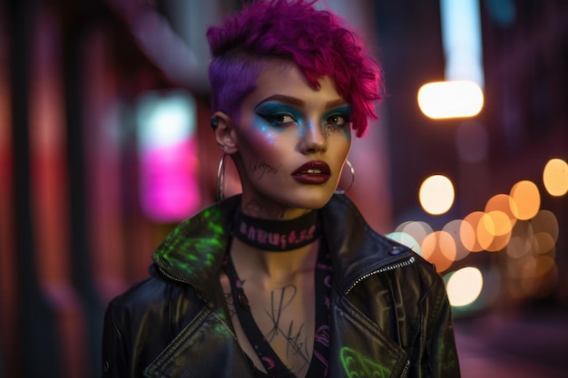 Neonverlichte rebel met een punkrockattitude en gedurfde make-up tegen een gruizig