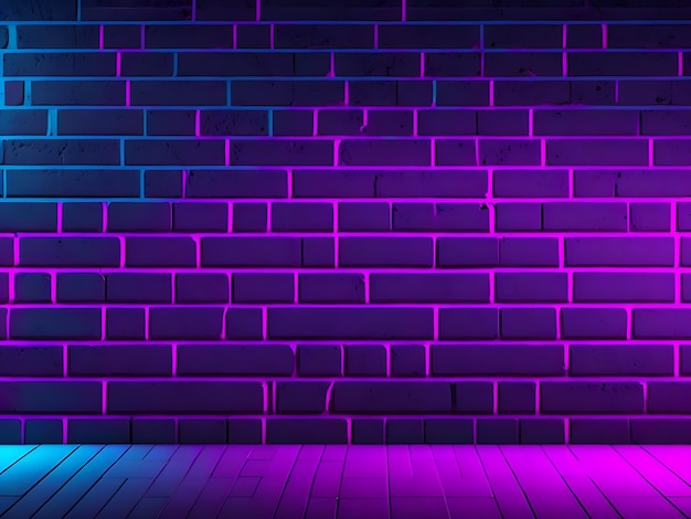 Foto neonvormen op een donkere bakstenen muur ultraviolette verlichting bakstenen muur betonnen vloer 3d illustratie