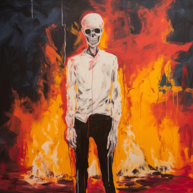 Neopop Figurative Painting Skeleton In Burning Oil