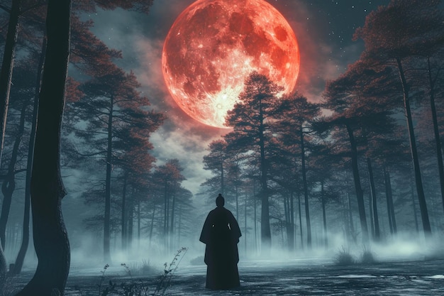 neosamurai sentinel facing the scarlet lunar horizon