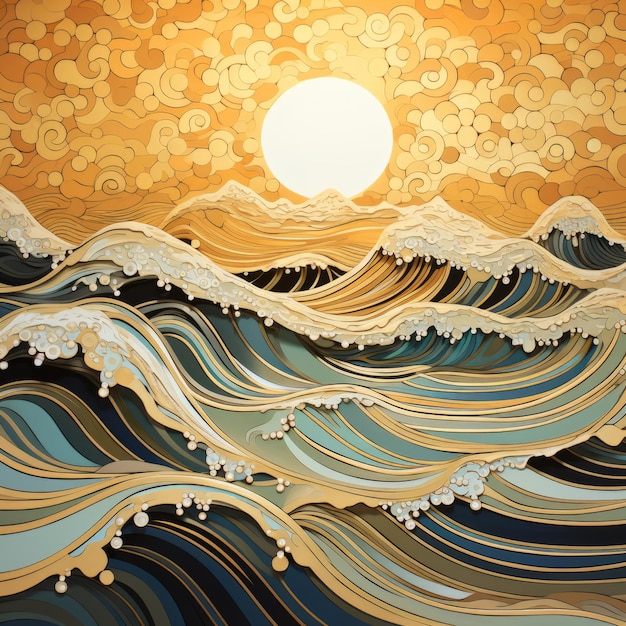 Photo neotraditional japanese wave painting psychedelic illustration with golden light